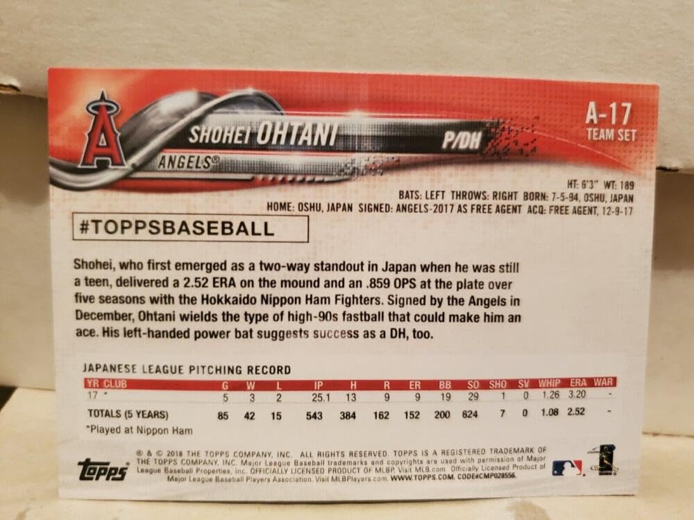 Amazon.com: 2018 Topps Team Sets #A-17 Shohei Ohtani RC - Los
